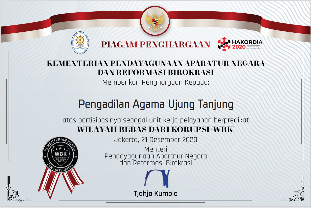 Pengadilan Agama Ujung Tanjung Terima Apresiasi  dan Penganugerahan Zona Integritas Menuju WBK dari KEMENPAN RB Tahun 2020